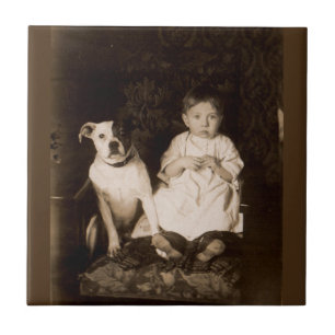 Azulejo De Cerámica alrededor de 1910 pitbull y baby RPPC