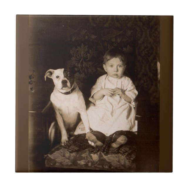 Azulejo De Cerámica alrededor de 1910 pitbull y baby RPPC (Frente)