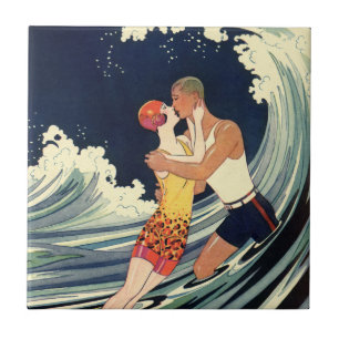 Azulejo De Cerámica Amantes del Art Deco Vintage se besan en las olas