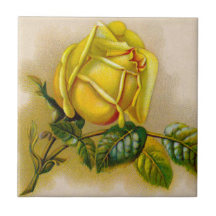 Azulejo De Cerámica Amarilla Rosa Antiguo Grabado Vintage Arte Fino