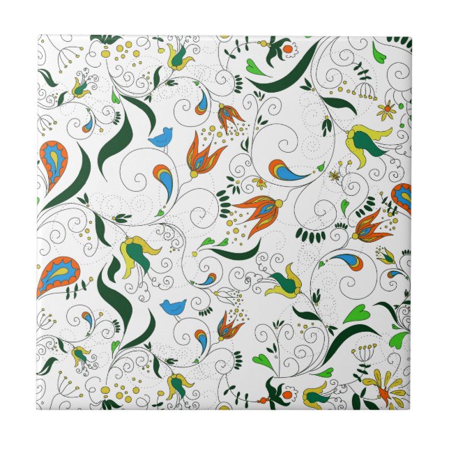 Azulejo De Cerámica Amarillo azul anaranjado verde retro de Paisley (Frente)