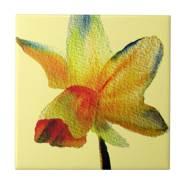 Azulejo De Cerámica Amarillo Daffodil acuarela arte Primavera Flor (Frente)