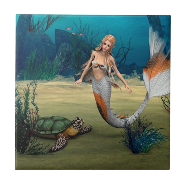Azulejo De Cerámica Amigos de la sirena y la tortuga (Frente)