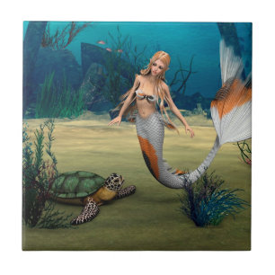 Azulejo De Cerámica Amigos Sirena y Tortuga