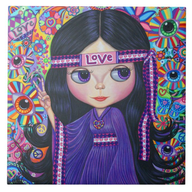 Azulejo De Cerámica Amor Cabeza Hippie Chica Doll Purple Psicodelic (Frente)