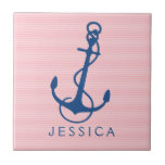 Azulejo De Cerámica Ancla Náutica Azul De La Marina En Rosa<br><div class="desc">Anuncio náutico azul marino 2 ilustracion con rayas de estaño blanco y rosa claro. Monograma de personalizable con acentos de rayas azul marino. Si necesita ayuda para personalizar alguno de mis diseños,  póngase en contacto con el diseñador ArtOnWear. Formato de texto gratuito con ayuda en directo disponible bajo petición.</div>