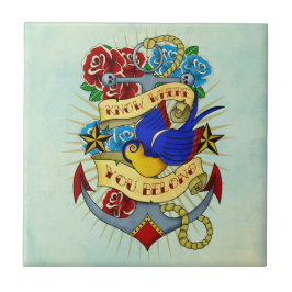 Azulejo De Cerámica Ancla, trago y rosas