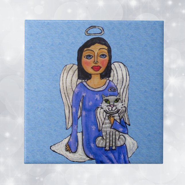 Azulejo De Cerámica Ángel de arte popular ojos azules gato Angel blanc (Angel Blue eyes dress holding white angel cat on cloud on sky blue decorative ceramic tile.)