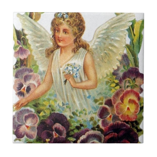 Azulejo De Cerámica Ángel del Victorian con las flores (Frente)