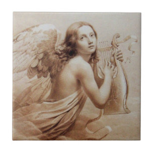 AZULEJO DE CERÁMICA ANGEL JUGANDO LYRA SOBRE LAS NUBES