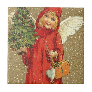 Azulejo De Cerámica Ángel Querubín Árbol de Navidad Nieve