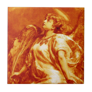 AZULEJO DE CERÁMICA ÁNGEL ROMÁNTICO CON PELO EN NARANJA ORO, MARRÓN
