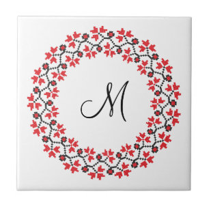 Azulejo De Cerámica Anillo de flores rojas Monograma personalizado ini