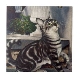 Azulejo De Cerámica Animales antiguos, gato atigrado lindo y mariposa