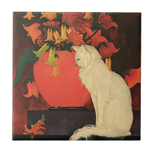 Azulejo De Cerámica Animales antiguos, gato blanco elegante, flores de