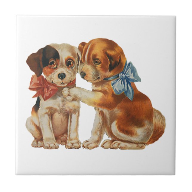 Azulejo De Cerámica Animales Mascotas de época, cachorros de amor con  (Frente)
