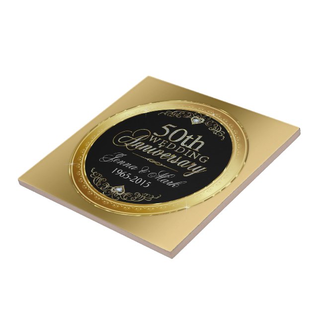 Azulejo De Cerámica Aniversario del 50° Boda negro y Purpurina (Lado)