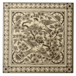 Azulejo De Cerámica Antiguo estético japonés Sepia Bird Tile Repro