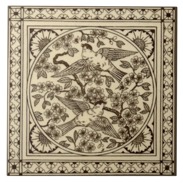 Azulejo De Cerámica Antiguo estético japonés Sepia Bird Tile Repro (Frente)