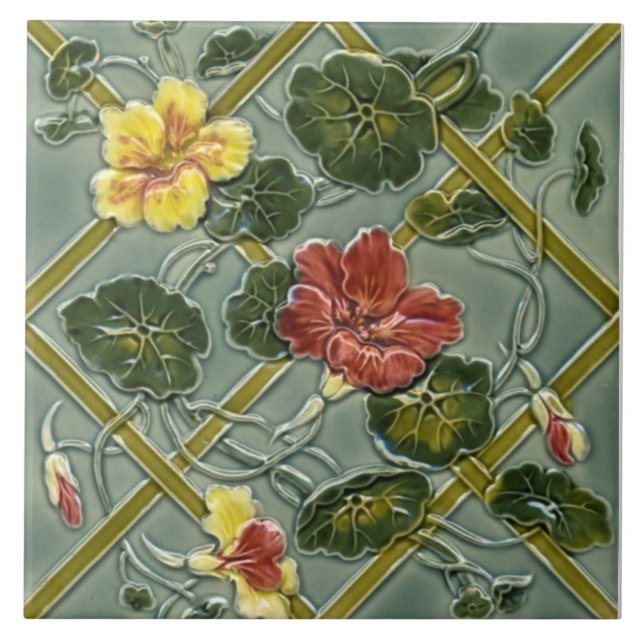 Azulejo De Cerámica Antiguo Minton Floral Trellis Majolica Tile Repro (Frente)