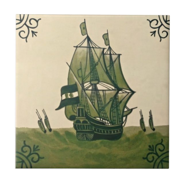 Azulejo De Cerámica Antiguo Minton Hollins Delft Boat Tile #3 Repro (Frente)