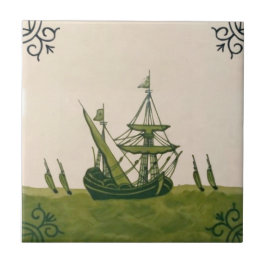 Azulejo De Cerámica Antiguo Minton Hollins Delft Boat Tile #4 Repro