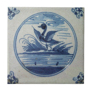 Azulejo De Cerámica Antiguo mosaico azul delft - Pato en el agua