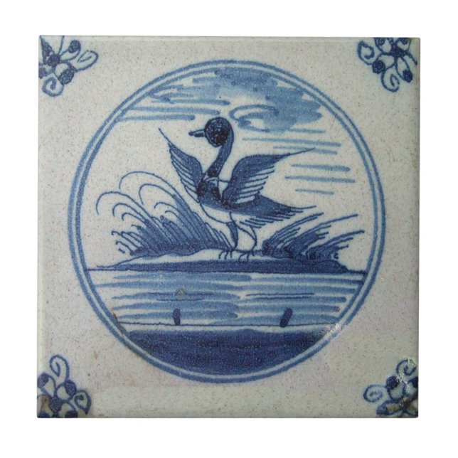 Azulejo De Cerámica Antiguo mosaico azul delft - Pato en el agua (Frente)