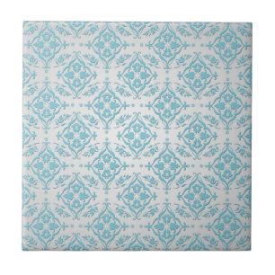 Azulejo De Cerámica Aqua Azul Teal y Damask Plateado
