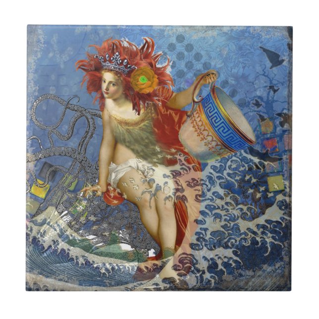 Azulejo De Cerámica Aquarius Mermaid Arte Gótico Azul (Frente)