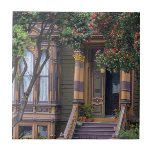 Azulejo De Cerámica Árbol de ciruelas rojas floridas con un estilo vic