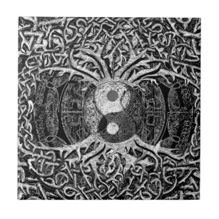 Azulejo De Cerámica Árbol de la vida Yin Yang en blanco y negro
