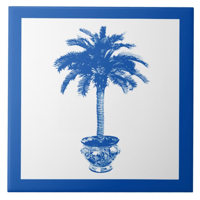 Azulejo De Cerámica Árbol de palmas potentes - azul cobalto y blanco (Frente)