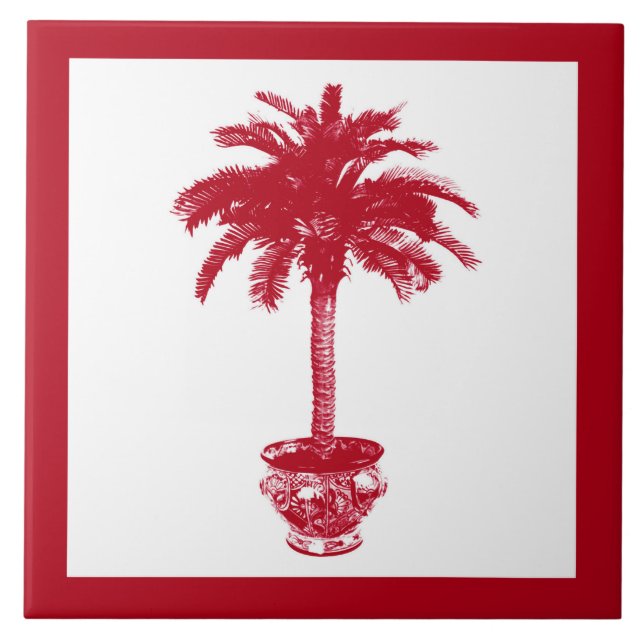Azulejo De Cerámica Árbol de palmas potentes - rojo profundo y blanco (Frente)