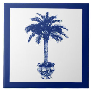 Azulejo De Cerámica Árbol de palmeras potentes - azul marino y blanco