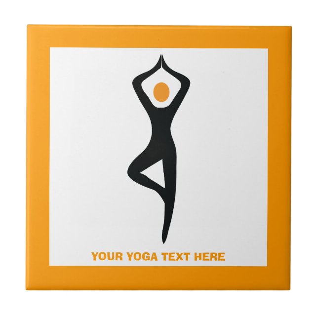 Azulejo De Cerámica Árbol de yoga pose negro, personalizado naranja (Frente)