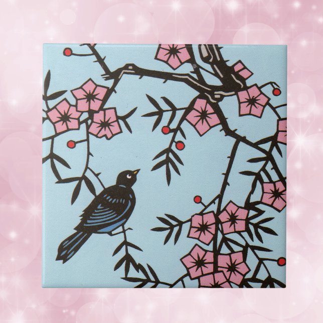 Azulejo De Cerámica Árbol negro de cerezo de cerezo (Black bird in cherry blossum tree with pink flowers on light blue decorative ceramic tile.)