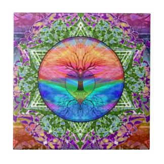 Azulejo De Cerámica Árbol que calma de la vida en colores del arco