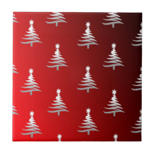 Azulejo De Cerámica Árboles de Navidad Plateados sobre Rojo