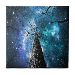 Azulejo De Cerámica Árboles negros cayendo estrellas