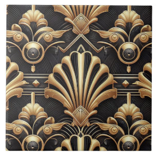 Azulejo de Cerámica Art Déco de Lujo Negro y Dorad