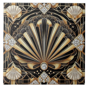 Azulejo de Cerámica Art Déco de Lujo Negro y Dorad
