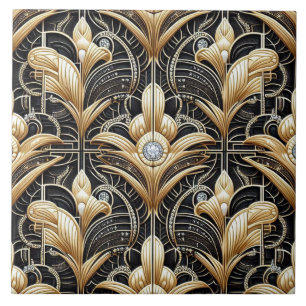 Azulejo de Cerámica Art Déco de Lujo Negro y Dorad
