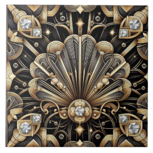 Azulejo de Cerámica Art Déco de Lujo Negro y Dorad