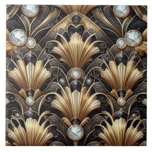 Azulejo de Cerámica Art Déco de Lujo Negro y Dorad