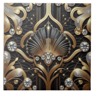 Azulejo de Cerámica Art Déco de Lujo Negro y Dorad