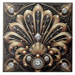 Azulejo de Cerámica Art Déco de Lujo Negro y Dorad
