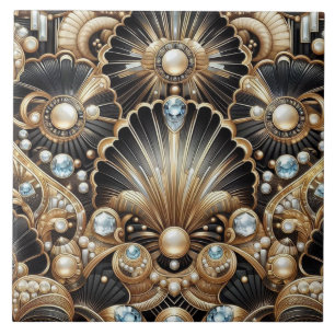Azulejo de Cerámica Art Déco de Lujo Negro y Dorad
