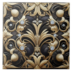 Azulejo de Cerámica Art Déco de Lujo Negro y Dorad