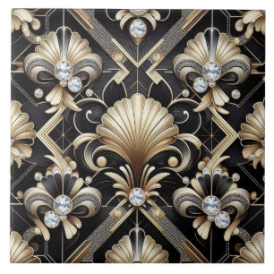 Azulejo de Cerámica Art Déco de Lujo Negro y Dorad